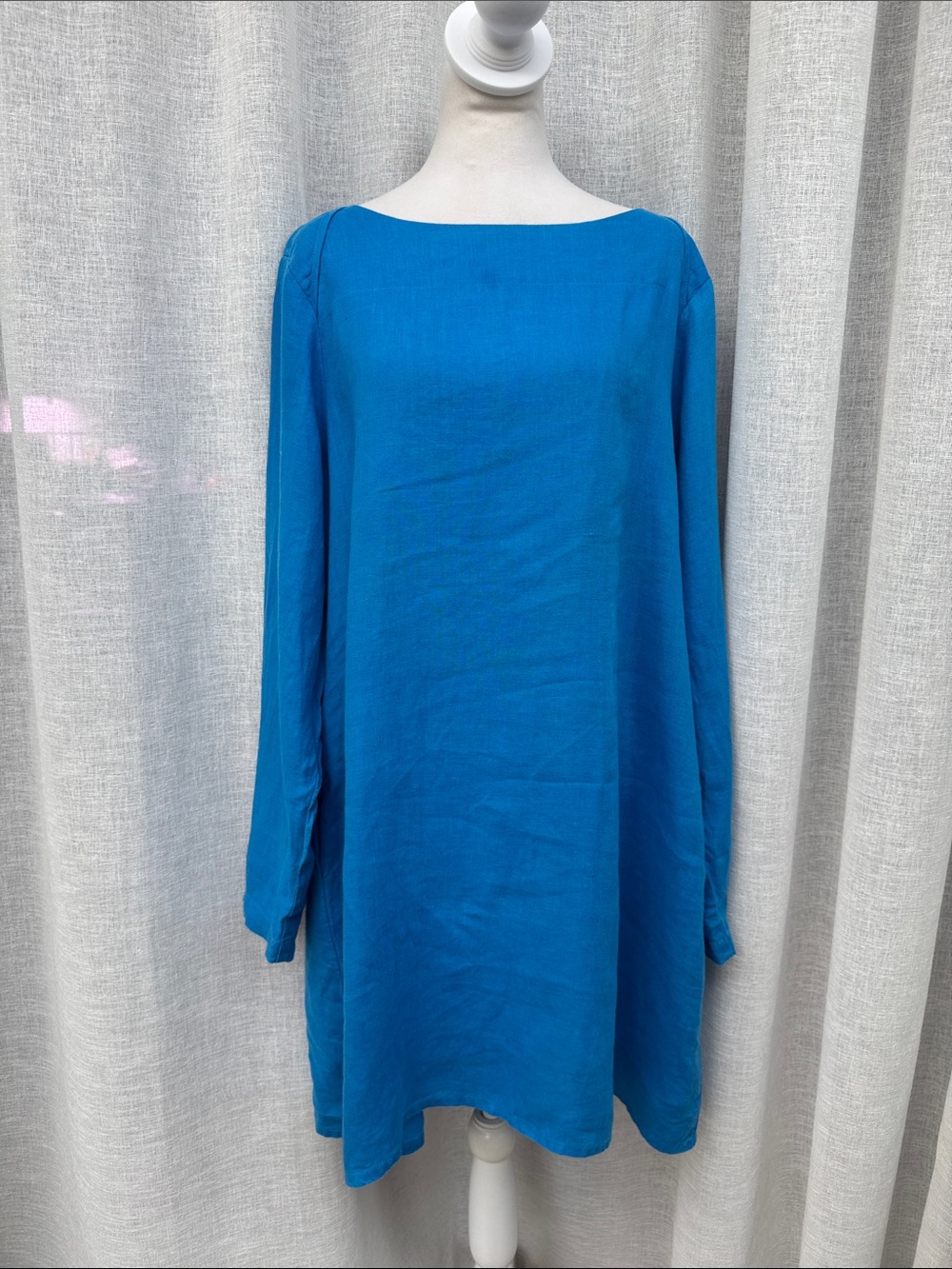 FLAX Designs Foxglove 100% linen bright sky blue long sleeve Tunic shift Dress